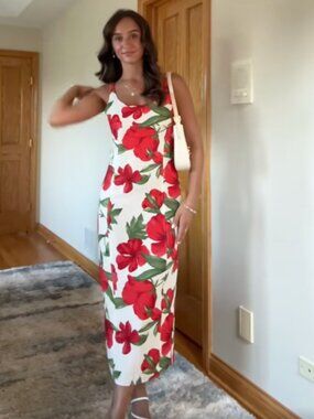 Mango Floral Hibiscus Print Tailored Midi Dress Size White Red XS/2